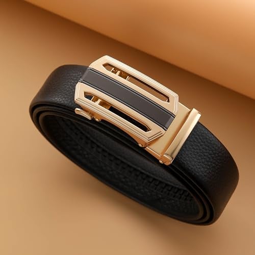 TUSHI Men's Leather Belts Formal Automatic Auto-lock Buckle – Stylish, Durable, No-hole Design, Fits Waist Sizes 26-44 Inches, Perfect For Casual & Formal Wear, Gift For Him (Black) (Black-Gold-2) - Image 2