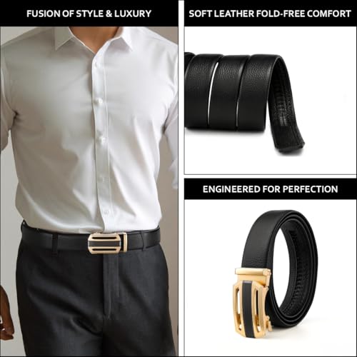 TUSHI Men's Leather Belts Formal Automatic Auto-lock Buckle – Stylish, Durable, No-hole Design, Fits Waist Sizes 26-44 Inches, Perfect For Casual & Formal Wear, Gift For Him (Black) (Black-Gold-2) - Image 4