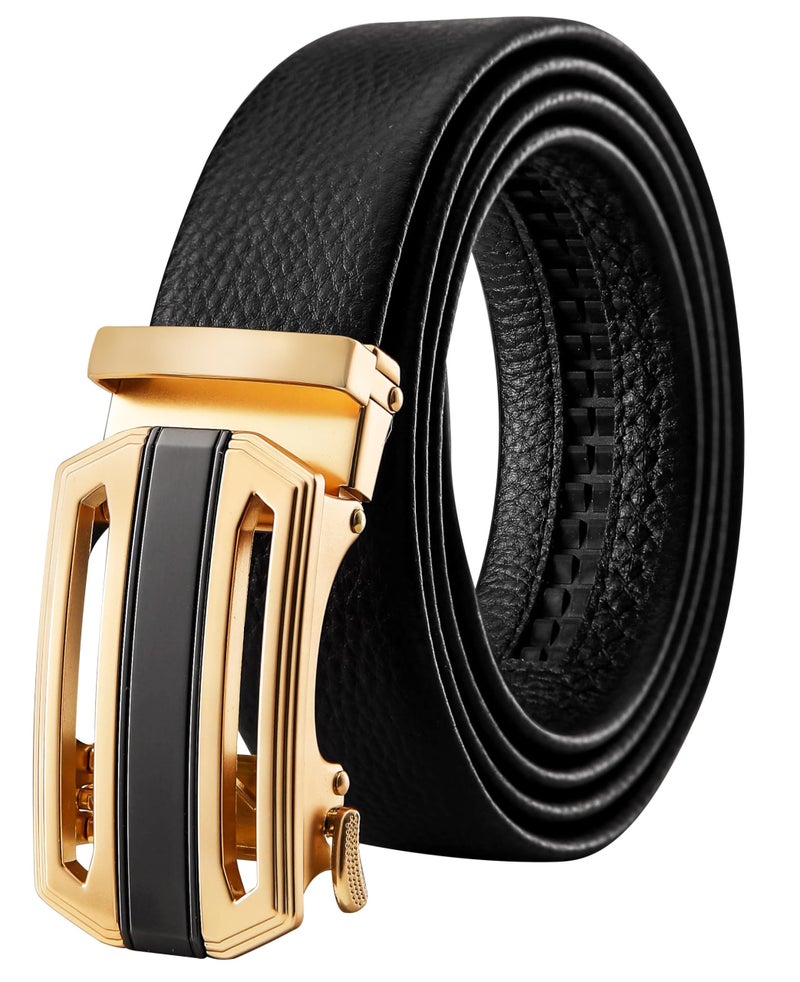 TUSHI Men's Leather Belts Formal Automatic Auto-lock Buckle – Stylish, Durable, No-hole Design, Fits Waist Sizes 26-44 Inches, Perfect For Casual & Formal Wear, Gift For Him (Black) (Black-Gold-2) - Image 1