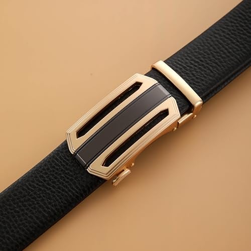 TUSHI Men's Leather Belts Formal Automatic Auto-lock Buckle – Stylish, Durable, No-hole Design, Fits Waist Sizes 26-44 Inches, Perfect For Casual & Formal Wear, Gift For Him (Black) (Black-Gold-2) - Image 3