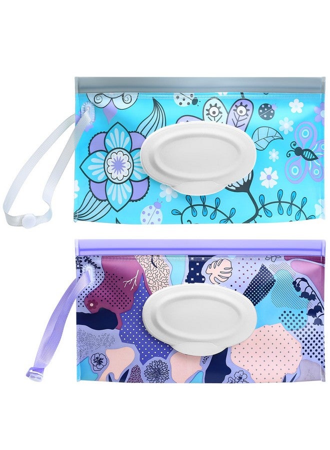 Fulushouxi Baby Wipes Dispenser, 2 Pcs Travel Baby Wipe Holder, Refillable Baby Wet Wipe Pouch, Reusable Baby Wipes Container, Portable Baby Wipe Dispenser, Wipe Bags for Travel, blue purple Floral - Image 1