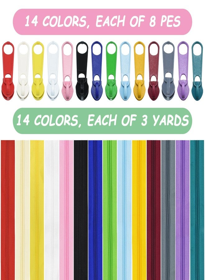 Renashed سحابات خياطة ريناشيد 42 ياردة 14 قطعة #5 من النايلون المتنوع الألوان مع 112 رأس سحب للقيام بالأعمال اليدوية والخياطة والملابس والحقائب والحقائب، 14 لون - Image 3