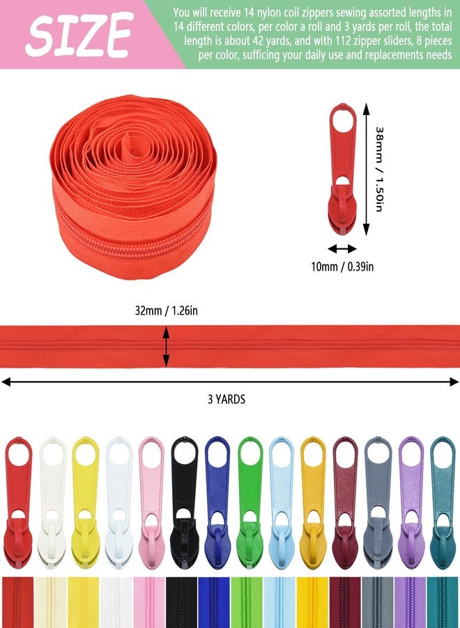 Renashed سحابات خياطة ريناشيد 42 ياردة 14 قطعة #5 من النايلون المتنوع الألوان مع 112 رأس سحب للقيام بالأعمال اليدوية والخياطة والملابس والحقائب والحقائب، 14 لون - Image 2