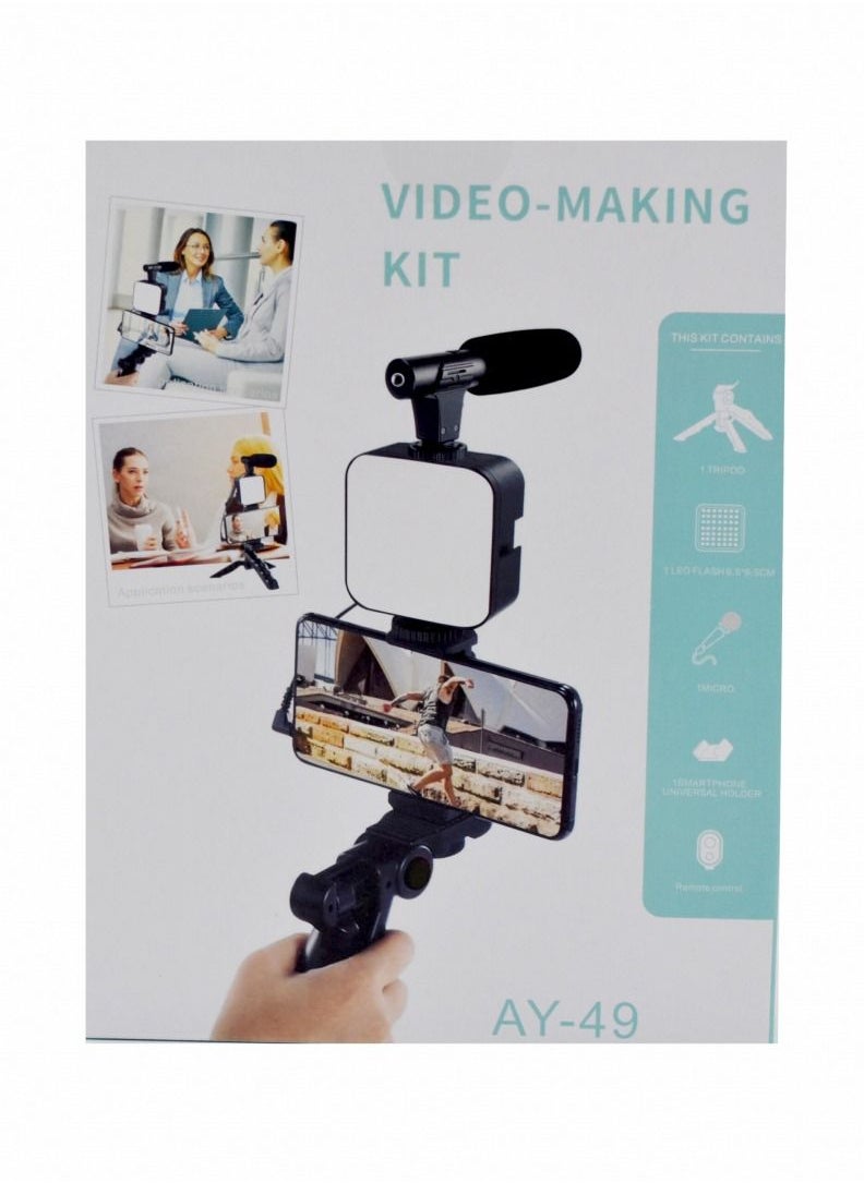 ماركة غير محددة - ملحقات AY-49 Video Vlog Kit: حامل ثلاثي للهاتف ، حامل هاتف ، ضوء LED وميكروفون بندقية - Image 1