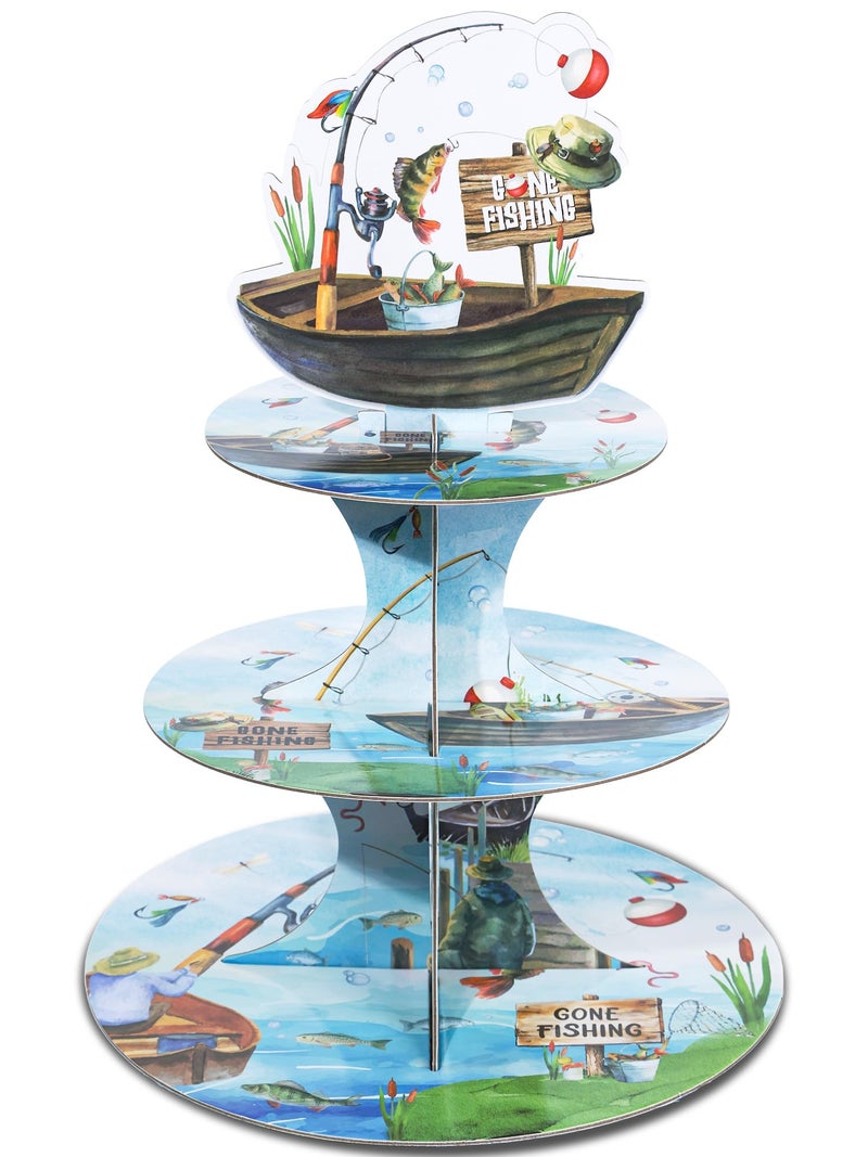 Keluna Ofishally One Birthday Decorations - Reusable Fishing Party Supplies Gone Fishing 3 Tier Cupcake Stand Dessert Tower Holder for Birthday Decoration Baby Shower Party Decor Supplies - Image 1