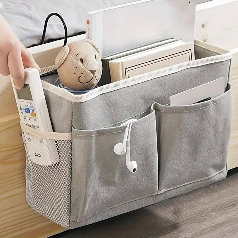 PORMONO Bedside Storage Caddy Hanging Organizer with Multiple Pockets Grey Fabric Bed Rail Storage for Books Electronics Grey - Image 1