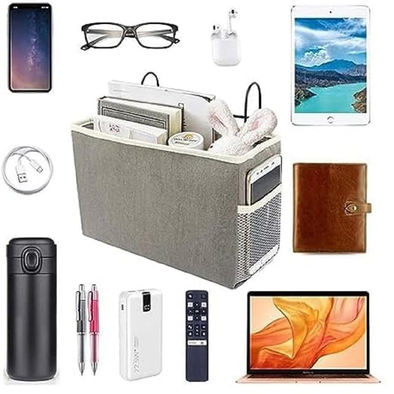 PORMONO Bedside Storage Caddy Hanging Organizer with Multiple Pockets Grey Fabric Bed Rail Storage for Books Electronics Grey - Image 5