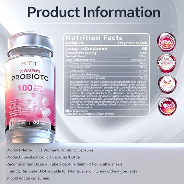 KTT Probiotics for Women, 100 Billion CFU, 11 Strains, Vaginal & Gut Health Support, Daily Feminine Microbiome Balance, Delayed Release, Shelf Stable, Non-GMO, Gluten Free, 60 Capsules - Image 3