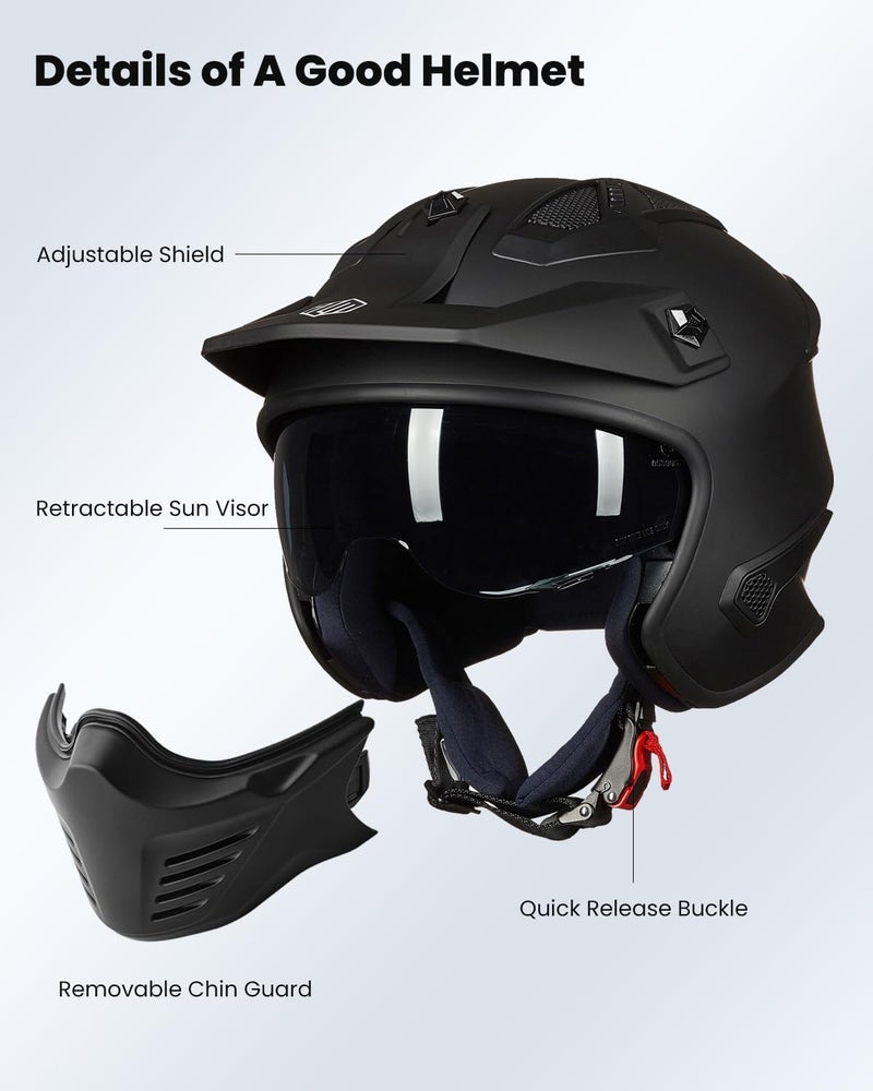 ILM Open Face Motorcycle 3/4 Half Helmet for Dirt Bike Moped ATV UTV Motocross Cruiser Scooter DOT Model 726X (Matte Black,M) - Image 3