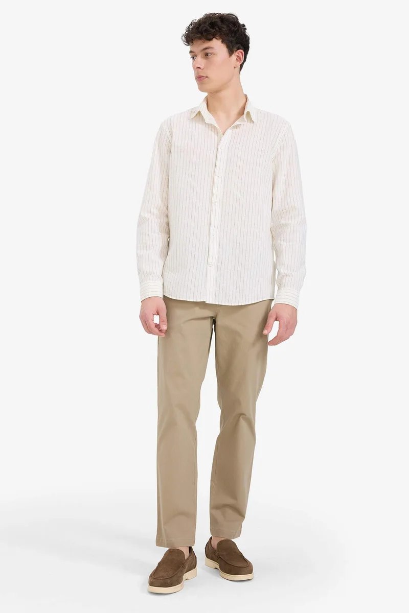 ديفاكتو Regular Fit Polo Collar Striped Linen Shirt