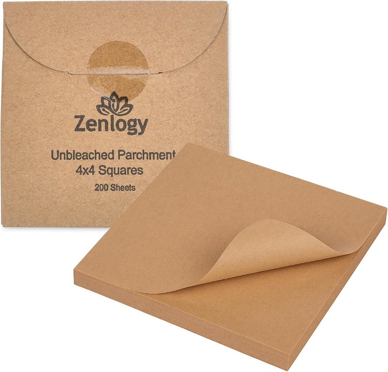 Zenlogy 4x4 Small Parchment Paper Squares (200 sheets) - Unbleached, Non-stick, Pre-cut Parchment Paper - Ideal for Candy Wrappers, Liner Paper, Freezing and Storing, Separating, and Diamond Painting - Image 1