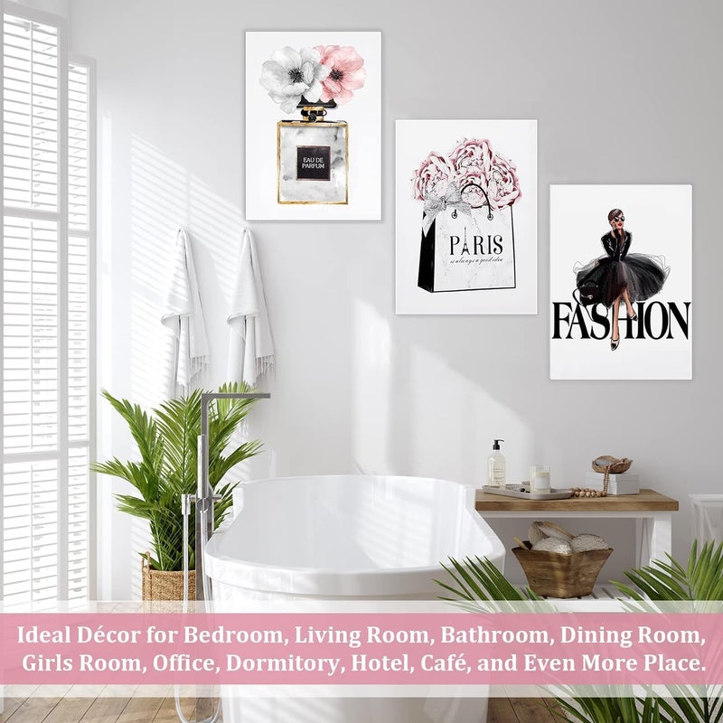 ARS Framed Women Fashion Canvas Wall Art for Girls Bedroom Decor, Pink Flower Modern Poster, Perfume Handbag Prints Watercolor Pictures Room Décor. Set of 3.Size Available - Image 4