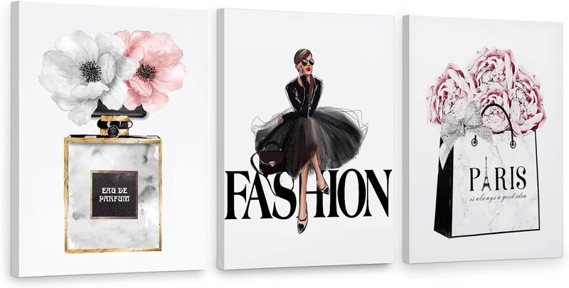 ARS Framed Women Fashion Canvas Wall Art for Girls Bedroom Decor, Pink Flower Modern Poster, Perfume Handbag Prints Watercolor Pictures Room Décor. Set of 3.Size Available - Image 1
