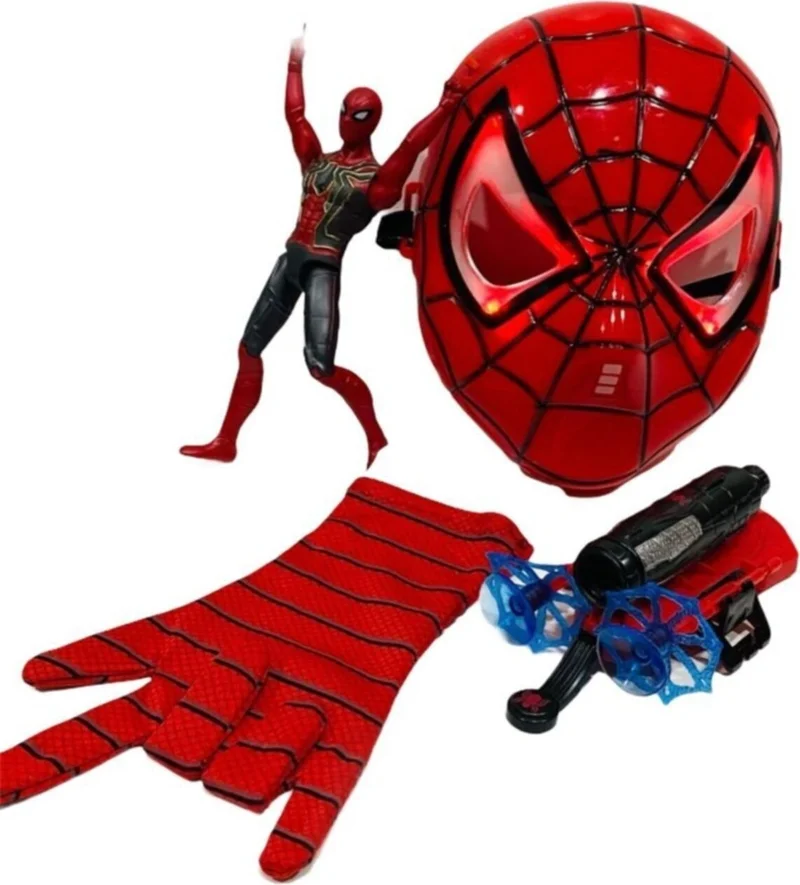 SPIDERMAN Web Throwing Gloves + Illuminated Mask + 18 cm Illuminated Figure Set of 3 Toy