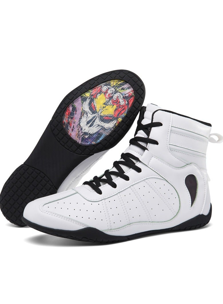 Generic Cross border new men's and women's boxing shoes sandals high top comprehensive training shoes wrestling shoes boots boxing shoes white size 43 (265-270)