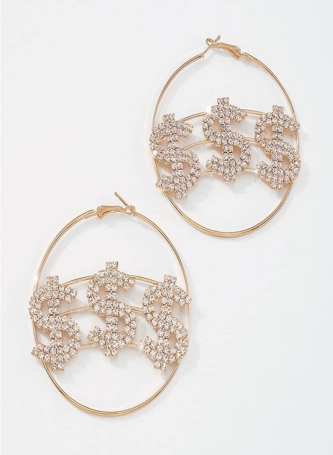Jumwrit Rhinestone Huggie Hoop Earrings Dollar Sign Earrings Large Hoop Dangle Drop Earrings Statement Geometric Earrings Big Circle Earrings for Women（Gold） - Image 3