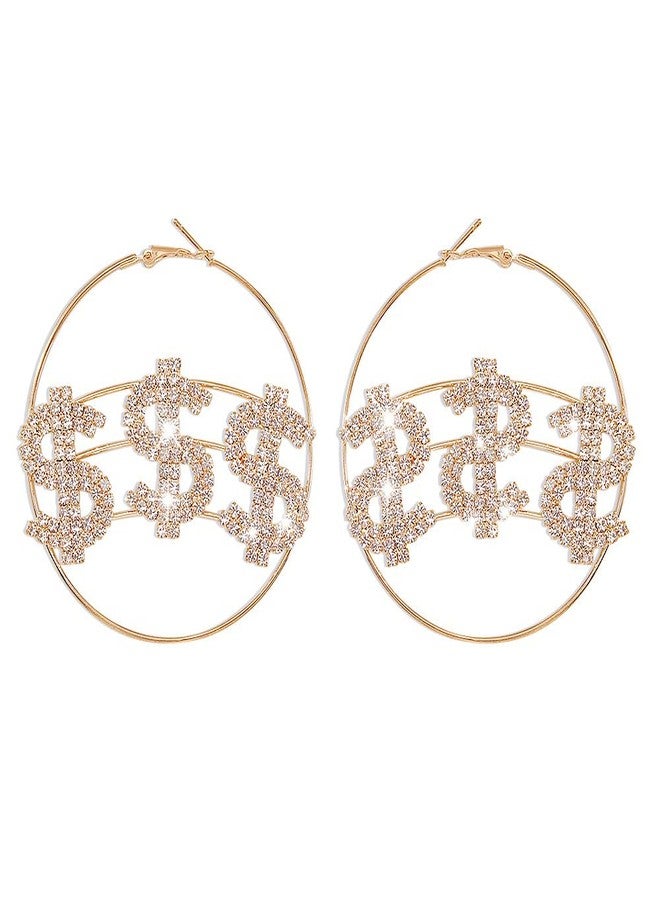 Jumwrit Rhinestone Huggie Hoop Earrings Dollar Sign Earrings Large Hoop Dangle Drop Earrings Statement Geometric Earrings Big Circle Earrings for Women（Gold） - Image 1