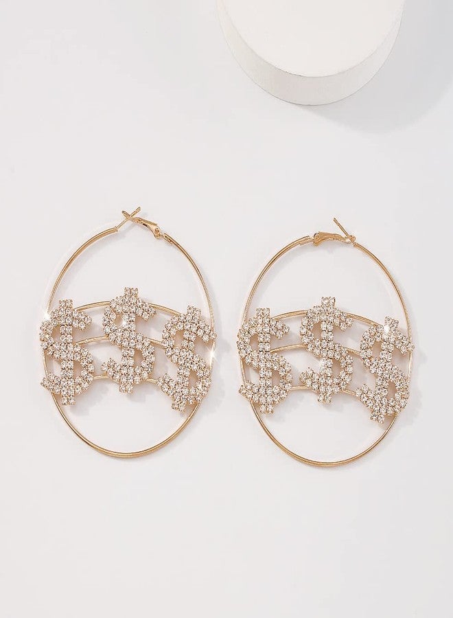 Jumwrit Rhinestone Huggie Hoop Earrings Dollar Sign Earrings Large Hoop Dangle Drop Earrings Statement Geometric Earrings Big Circle Earrings for Women（Gold） - Image 4