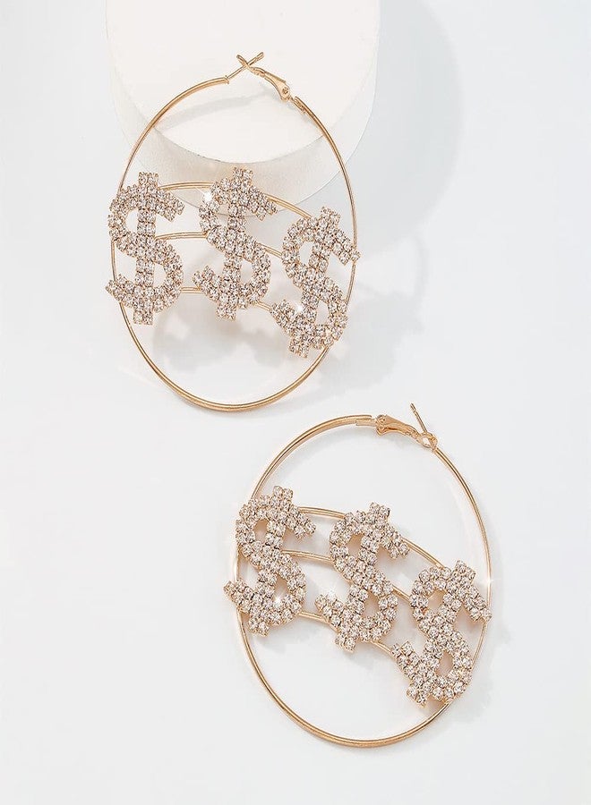 Jumwrit Rhinestone Huggie Hoop Earrings Dollar Sign Earrings Large Hoop Dangle Drop Earrings Statement Geometric Earrings Big Circle Earrings for Women（Gold） - Image 5