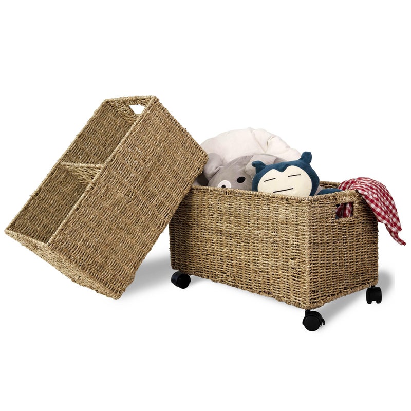 PEMAR Set 2 Nesting Natural Wicker Rolling Storage Baskets on Wheels w Insert Handles Under Table Under Desk Woven Storage Bins Mobile File Cabinet Organiser Seagrass Sizes M L Nesting