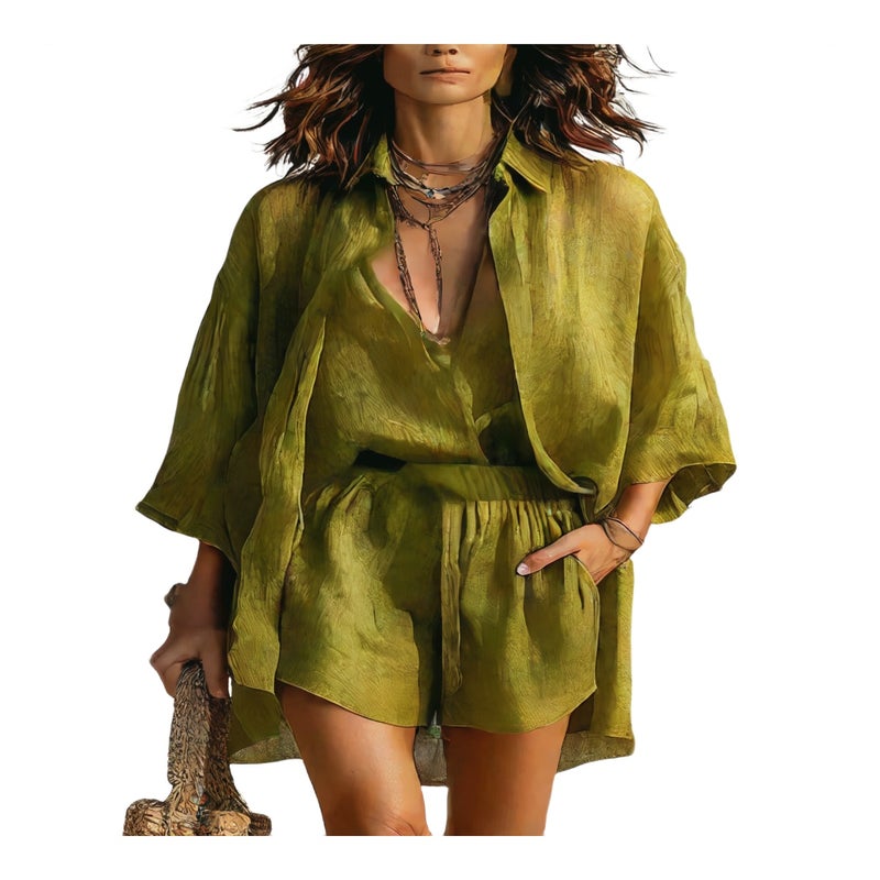 Women's Summer V-Neck Cardigan Vest Shorts Three-Piece Set - Image 1