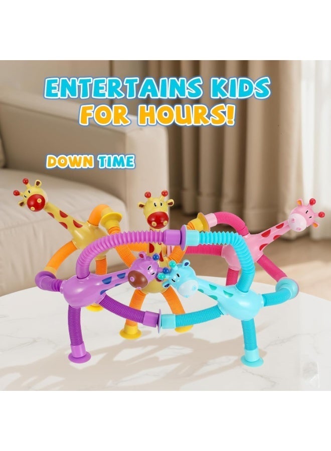4Pcs Giraffe Pop Tube Sensory Toys for Kids, Telescopic Suction Cup Fidget Toys with Stretchable Arms & Legs, Stress Relief Travel Toys, Airplane Activities & Birthday Gifts for Boys Girls Toddlers - Image 2
