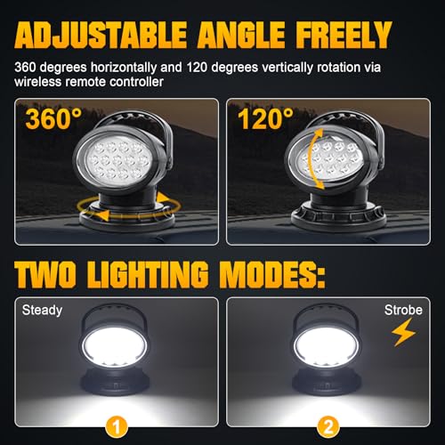 SKYWORLD 8 inch 38W LED Search Light, Portable Magnetic Base 360° Rotating Remote Control Led Work Light, 12V 24V Driving Lights Lamp for Car Off Road Truck 4x4 SUV ATV Protection Emergency Lighting - Image 4