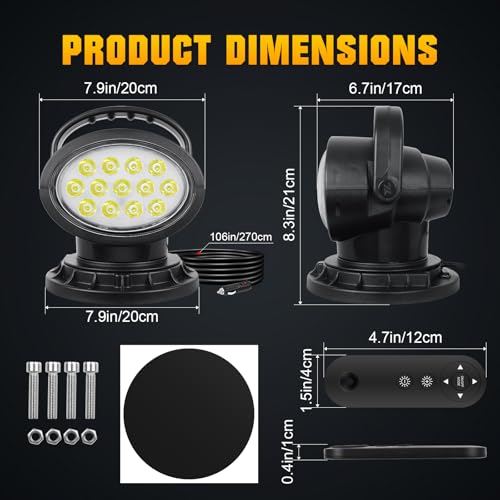 SKYWORLD 8 inch 38W LED Search Light, Portable Magnetic Base 360° Rotating Remote Control Led Work Light, 12V 24V Driving Lights Lamp for Car Off Road Truck 4x4 SUV ATV Protection Emergency Lighting - Image 2
