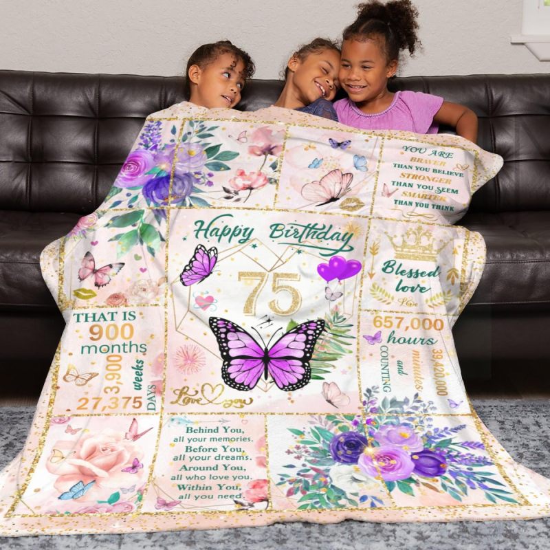 75th Birthday Gift For Her Soft 320 GSM Plush Flannel Fleece Throw Blanket - Festive Butterfly Floral Pattern Lightweight Cozy Blanket For Grandma Elderly Couch Camping Travel Milestone Celebration - Image 5