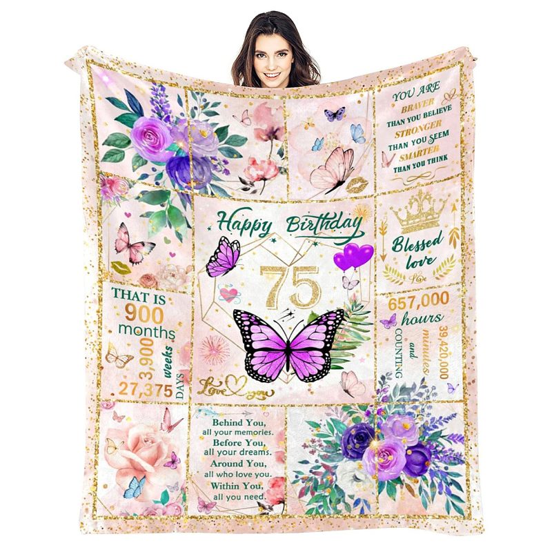 75th Birthday Gift For Her Soft 320 GSM Plush Flannel Fleece Throw Blanket - Festive Butterfly Floral Pattern Lightweight Cozy Blanket For Grandma Elderly Couch Camping Travel Milestone Celebration - Image 1