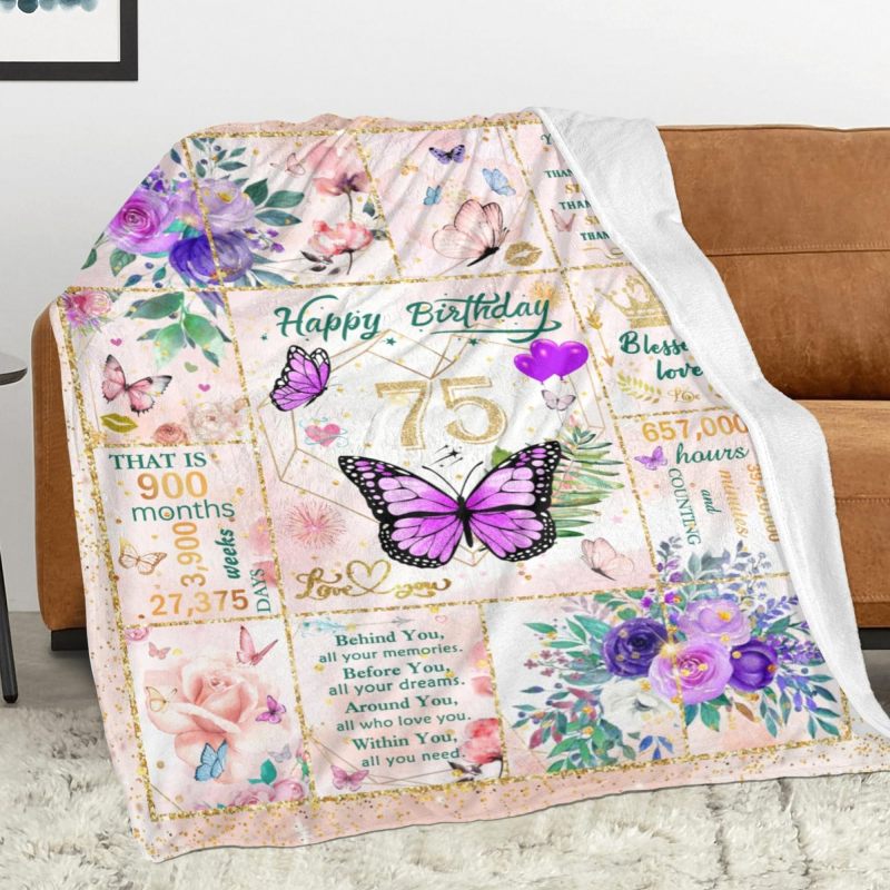 75th Birthday Gift For Her Soft 320 GSM Plush Flannel Fleece Throw Blanket - Festive Butterfly Floral Pattern Lightweight Cozy Blanket For Grandma Elderly Couch Camping Travel Milestone Celebration - Image 3