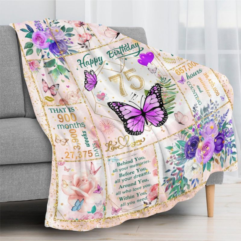 75th Birthday Gift For Her Soft 320 GSM Plush Flannel Fleece Throw Blanket - Festive Butterfly Floral Pattern Lightweight Cozy Blanket For Grandma Elderly Couch Camping Travel Milestone Celebration - Image 2