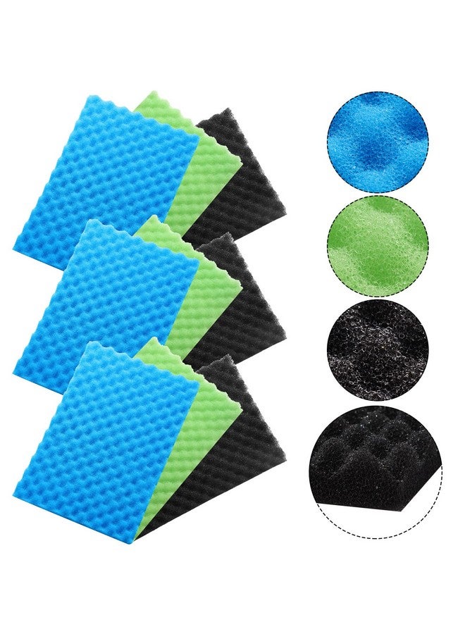 Romooa 9 Pcs Fish Pond Foam Aquarium Filter Sponge Wave Shape Coarse Foam for Fish Tank Sump Pond 17 x 11 Inch x 1/2 to 1 Inch, Black, Green, Blue - Image 1