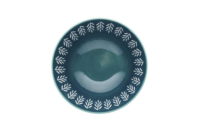 KitchenCraft Glazed Stoneware Bowls for thinKitchen Mediterranean Leaf Stripe Pattern Green Pink Ceramic Bowls with Footed Base Microwave Dishwasher Safe 157 cm - Image 2