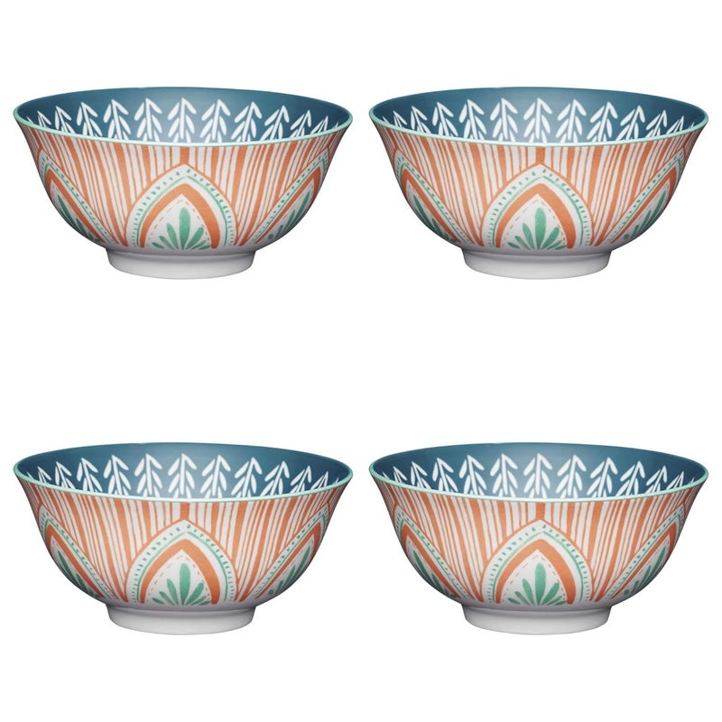 KitchenCraft Glazed Stoneware Bowls for thinKitchen Mediterranean Leaf Stripe Pattern Green Pink Ceramic Bowls with Footed Base Microwave Dishwasher Safe 157 cm - Image 1