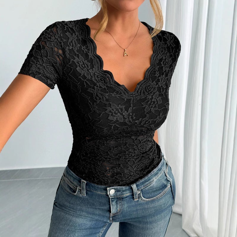 Women's Lace V-Neck Short Sleeve T-Shirt - Image 2