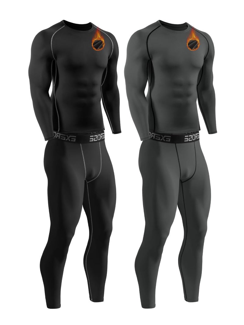 Celfaeree 2 Packs Compression Set Men Thermal Underwear for Men Long Johns for Mens Thermals Top and Bottom Set Black/Dark Gray L - Image 1