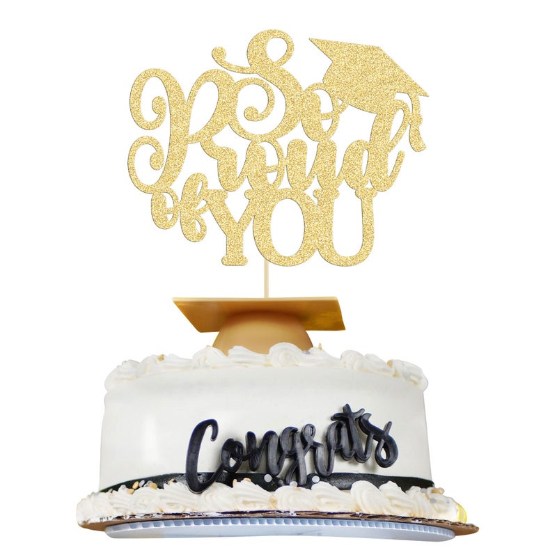 Ephlyn 1Pc So Proud of You Cake Topper with Gold Glitter Diploma Graduation Cap Cake Pick Congrats Class of 2025 Cake Decorations for 2025 Graduation Theme High School Boys Girls Graduate Party Supplies Gold - Image 1