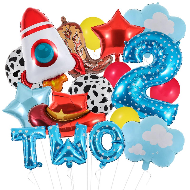 RANERVZ 17Pcs Toy Themed Party Decorations Cartoon 2nd Birthday Decorations Blue Sky Clouds Cowboy Hat Boots Rocket Balloons Two Infinity and Beyond Toy Inspired Birthday Party Supplies - Image 1