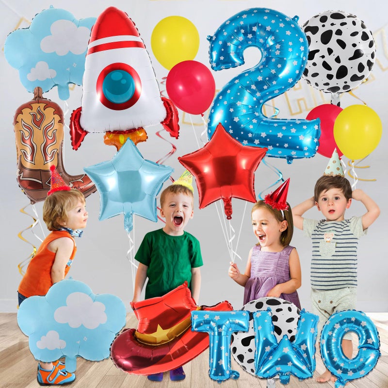 RANERVZ 17Pcs Toy Themed Party Decorations Cartoon 2nd Birthday Decorations Blue Sky Clouds Cowboy Hat Boots Rocket Balloons Two Infinity and Beyond Toy Inspired Birthday Party Supplies - Image 5