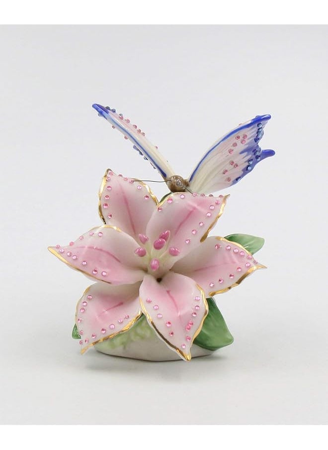 Cosmos Gifts Fine Porcelain Faux Jewel Butterfly With Pink Stargazer Lily Flower 3 1 4 Inch H Figurine Multicolored  - Image 3