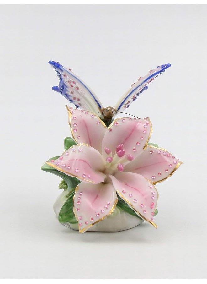 Cosmos Gifts Fine Porcelain Faux Jewel Butterfly With Pink Stargazer Lily Flower 3 1 4 Inch H Figurine Multicolored  - Image 2