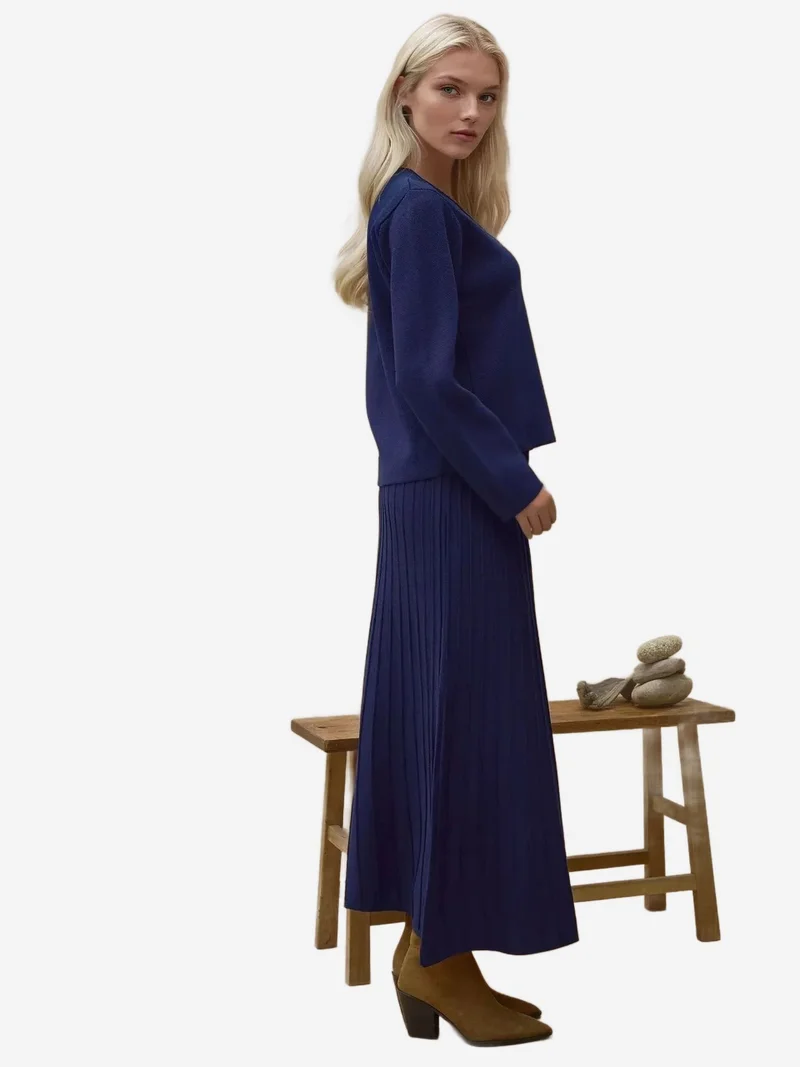 HICCUP Navy Blue Textured Knit Co-Ord Set with Crew Neck Cardigan and Flared Skirt for Women | Best Price UAE