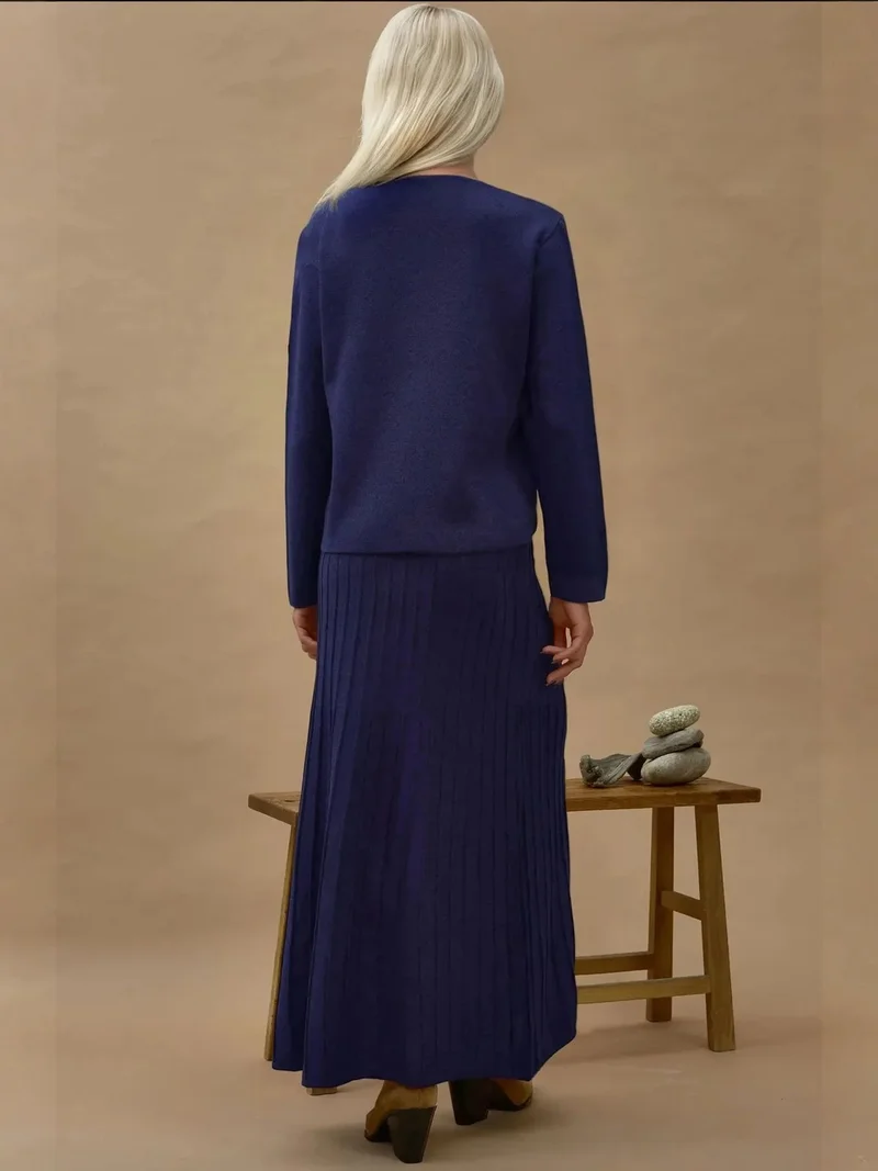 HICCUP Navy Blue Textured Knit Co-Ord Set with Crew Neck Cardigan and Flared Skirt for Women | Best Price UAE