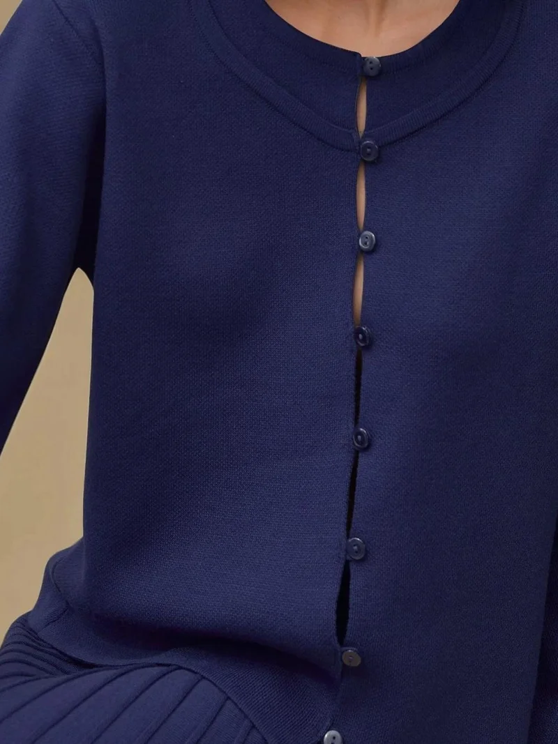HICCUP Navy Blue Textured Knit Co-Ord Set with Crew Neck Cardigan and Flared Skirt for Women | Best Price UAE
