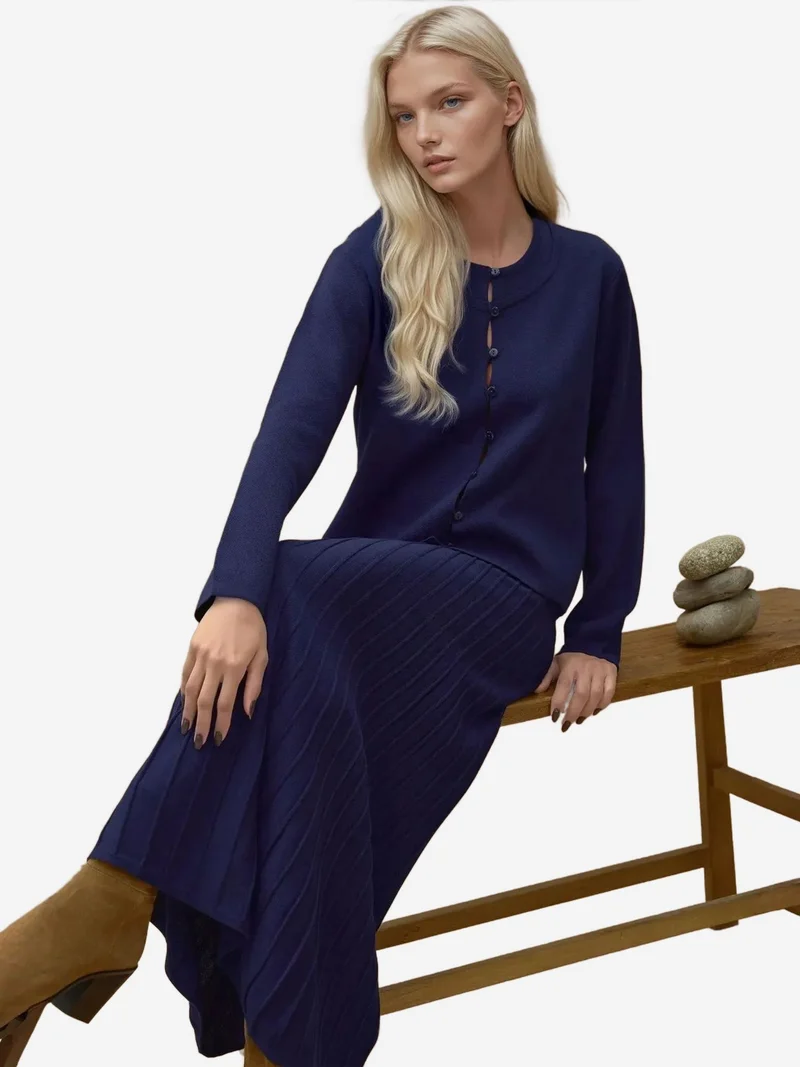 Textured Knit Co-Ord Set with Crew Neck Cardigan and Flared Skirt