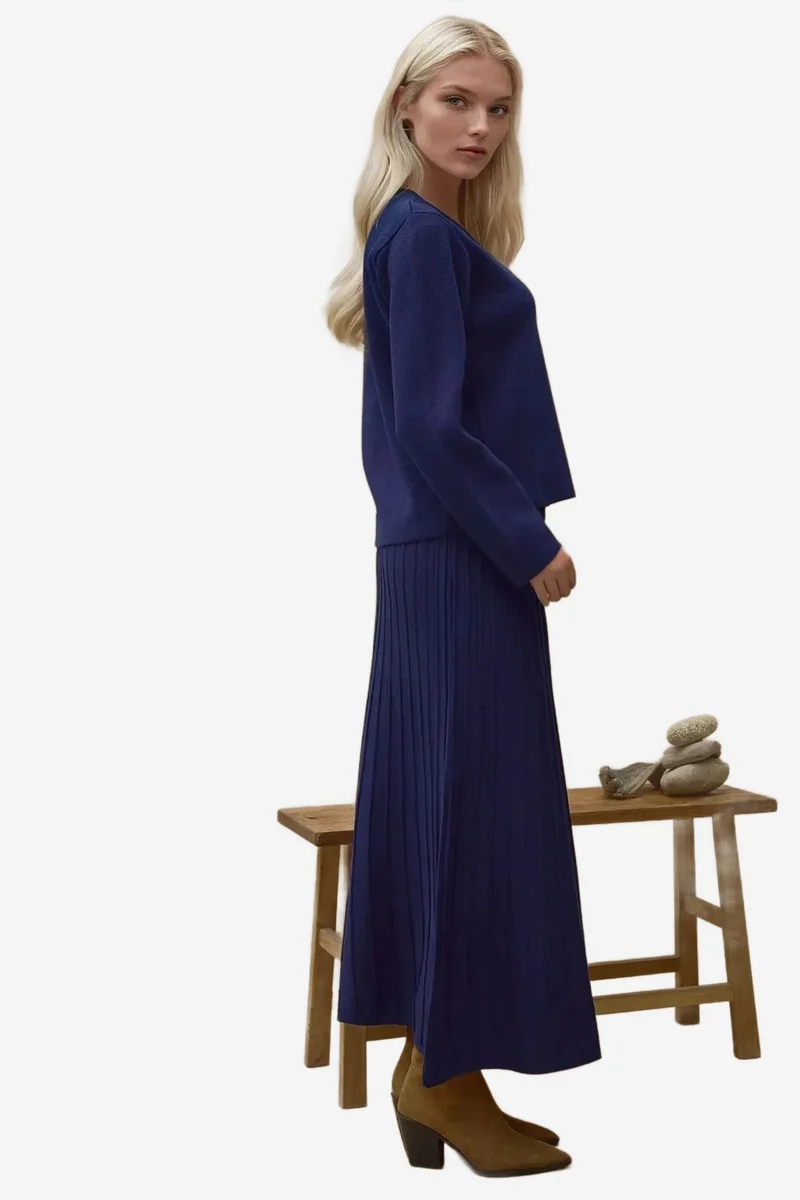 Hiccup Textured Knit Co-Ord Set with Crew Neck Cardigan and Flared Skirt