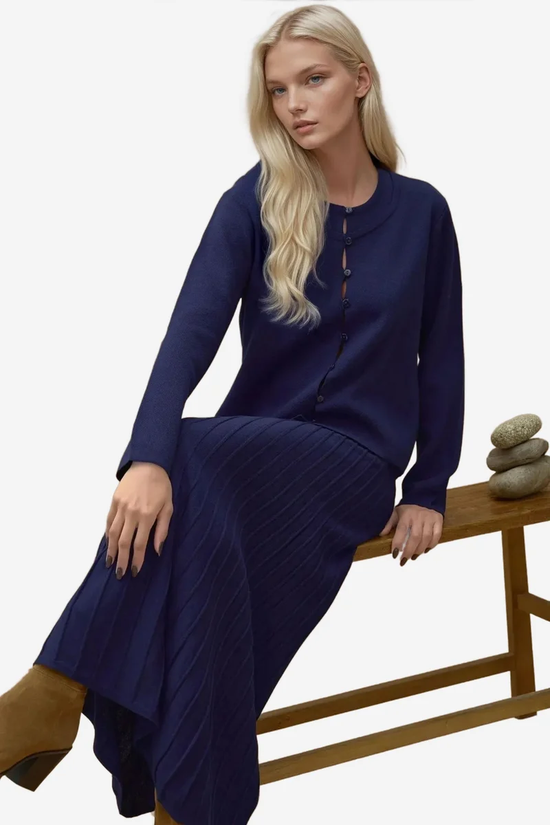Hiccup Textured Knit Co-Ord Set with Crew Neck Cardigan and Flared Skirt