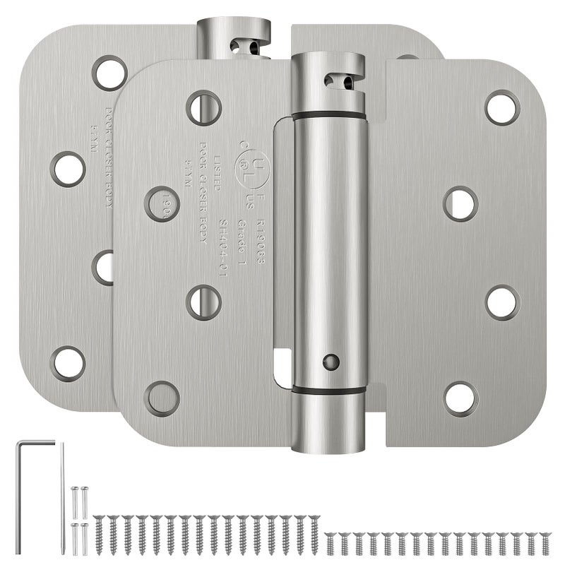 HOSOM Self Closing Spring Loaded Hinges 4 Inch Adjustable Tension for Garage Front Back Door UL Listed Left and Right Hand 58 Radius Corners Brushed Nickel 2 Pack