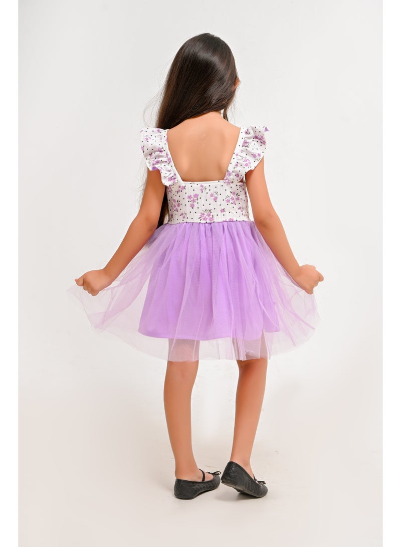 Girls Floral Ruffle Sleeve Tulle Dress - Image 3